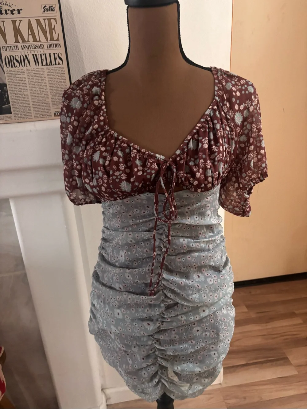 Free People Dress Women's Small Gray Brown Tessa Mini Storm Combo Floral SZ XS.